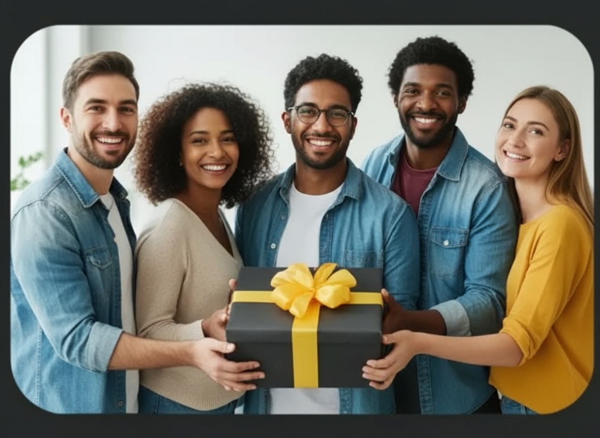 Group gifting - people holding a gift together